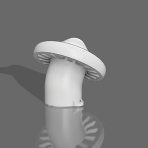 Könnte beinhalten: Weißes, pilzförmiges Objekt aus Kunststoff mit einer runden Oberseite und einem gerippten Design. Das Objekt ist nach rechts geneigt.