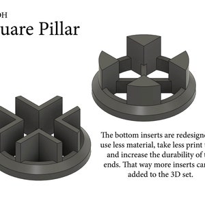 May include: Two black 3D printed square pillar inserts. The insert on the left has four square posts with a cross shape. The insert on the right has four triangular posts with a cross shape.