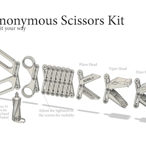 Op de afbeelding: Een kit voor het bouwen van een aanpasbare schaar met verschillende verwisselbare koppen, waaronder tangen, viper en dino. De kit bevat een aangepast Phillips-bit sleutelhanger handgereedschap. De tekst "Synonymous Scissors Kit Build it your way" staat bovenaan de afbeelding. De tekst "Adjust the tightness of the screws for mobility" staat onder de schaar.