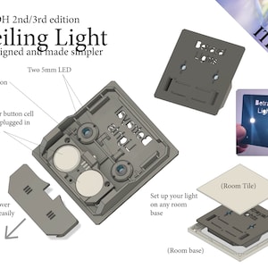 May include: A gray ceiling light with two 5mm LEDs, a mini on/off switch, and a battery cover that slides off easily. The light is powered by two 2032 CR button cell batteries plugged in reverse. The light can be set up on any room base.