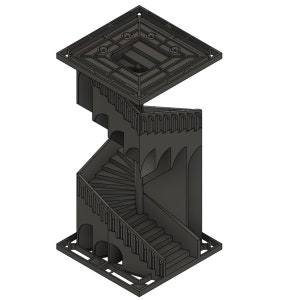 May include: A black 3D printed model of a tower with a spiral staircase. The tower has a removable top that reveals the interior of the structure.