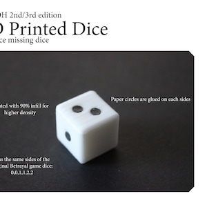 May include: A white 3D printed dice with black dots. The dice has the numbers 0, 0, 1, 1, 2, 2 on its sides. The dice is printed with 90% infill for higher density. Paper circles are glued on each side.