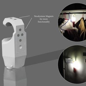 May include: A white, 3D printed, magnetic light fixture with a clip. The light fixture is shown in two different positions, one on a closet rod and the other on a wall. The text "Neodymium Magnets for more functionality" is visible in the image.