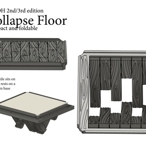 May include: A 3D printed model of a collapse floor tile for tabletop games. The tile is made of wood and has a realistic texture. The tile is designed to be used with a 1x1 room base.