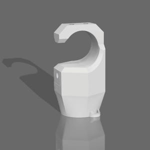 May include: White plastic pipe clamp with a rounded, open top and a flat bottom. The clamp has a textured surface and a small hole on the side.