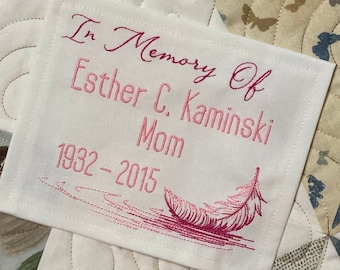 Custom Embroidered Feather Memory Quilt Label | Personalized Embroidered Feather Memory Quilt Label | Personalized Feather Quilt Label