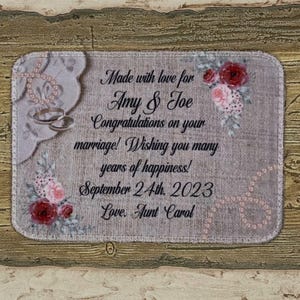 Wedding Celebration Quilt Label Pearls, Wedding Rings. Flowers Personalized With Embroidery And Sublimation
