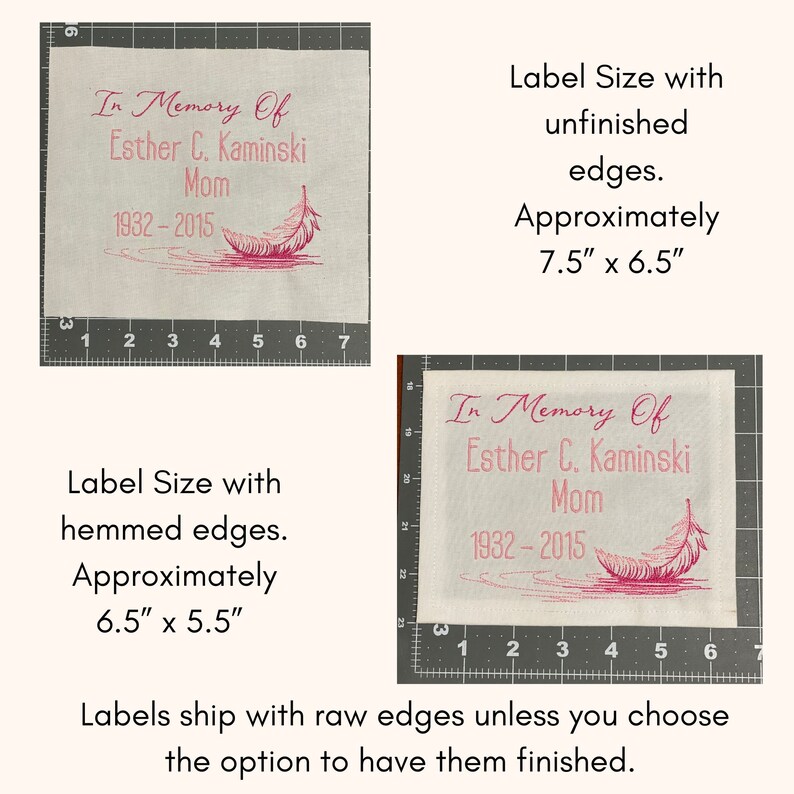 Custom Embroidered Feather Memory Quilt Label | Personalized ...