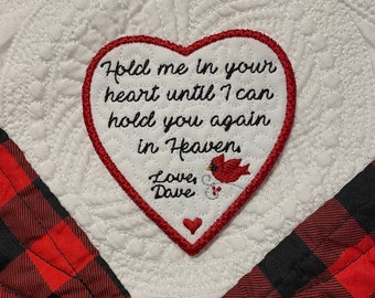 Heart Memory Patch with Cardinal Personalized Quilted & Embroidered For Quilts, Bears, Pillows
