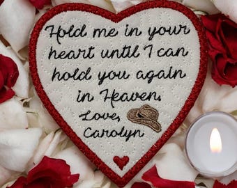 Heart Memory Patch Cowboy Hat Personalized Quilted & Embroidered For Quilts, Bears, Pillows