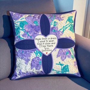 Cathedral Window Memory Pillow Embroidered From Upcycled Loved One's Clothing - Shirt - Jeans and Personalized Memory Patch