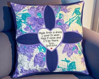 Cathedral Window Memory Pillow Embroidered From Upcycled Loved One's Clothing - Shirt - Jeans and Personalized Memory Patch