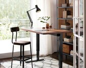 Adjustable Table Sit or Stand Desk. 20 Sizes Featuring Medium Cherry Desktop and White Smooth Legs. Made in the US