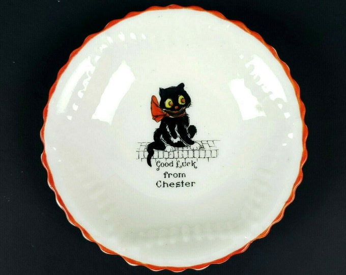 Vintage Lucky Black Cat Chester Arcadian Crested China Trinket Dish Ashtray