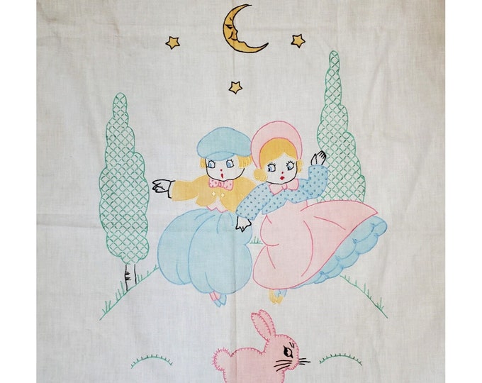 Vintage Vogart Embroidered Tinted Crib Cover Blanket Boy Girl Moon Nursery Rhyme