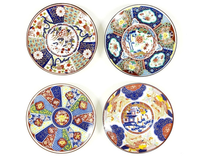 4 Vintage Japanese Imari Ware Hand Painted Decorative Plate 6.25" w Stands Japan