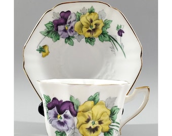 Victoria C & E England Bone China Teacup Saucer Pansy Floral Gold Trim