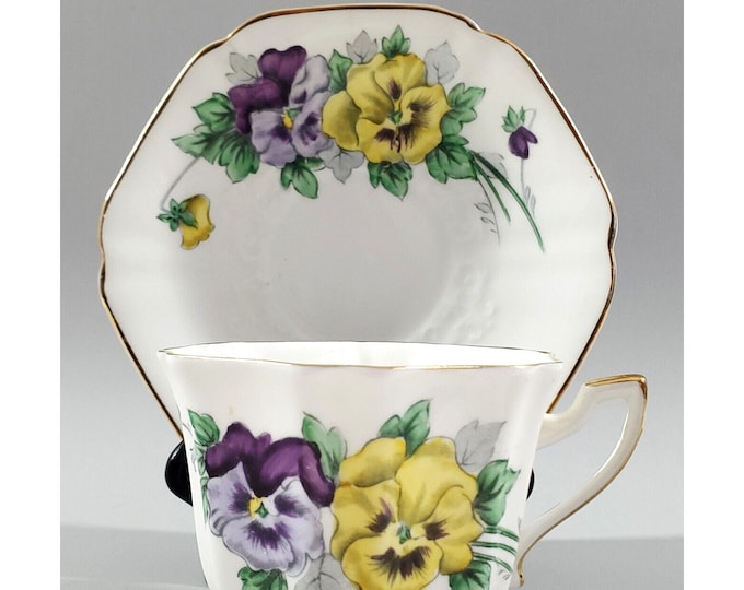 Victoria C & E England Bone China Teacup Saucer Pansy Floral Gold Trim