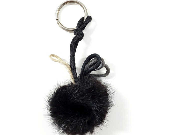 Vintage Real Fur Black Puff Pom Pom Keychain Key Ring Fob