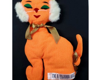 1960s Vintage Kitsch Pussy Cat Toy Co Orange Kitty Cat Pajama Bag Hanging Storage