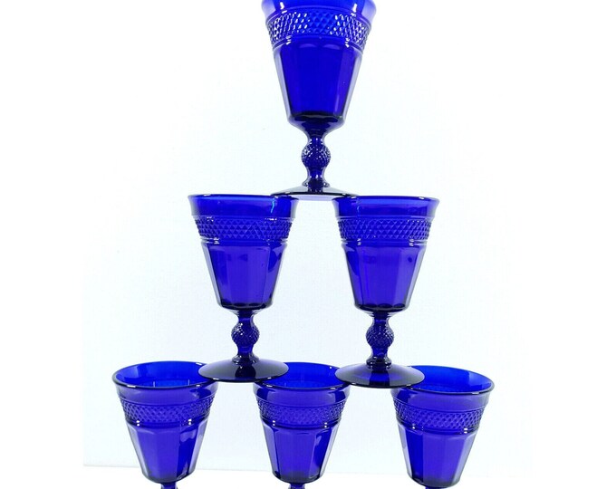 Set 6 Vintage Cobalt Blue Hobnail Diamond Cut Glass Drinking Wine Water Goblets