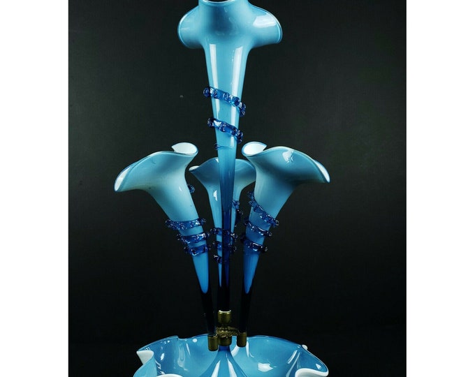 Antique Victorian Stourbridge Blue Tulip Horn Epergne Glass Centerpiece Vase db