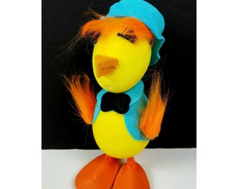NOS Vintage Japan Felt Flocked Styrofoam Easter Spring Chick Hen Blue Hat Vest
