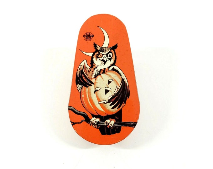 Vintage Metal Toy Mfg Halloween Tin Metal Noise Maker Owl Jack O Lantern Pumpkin db