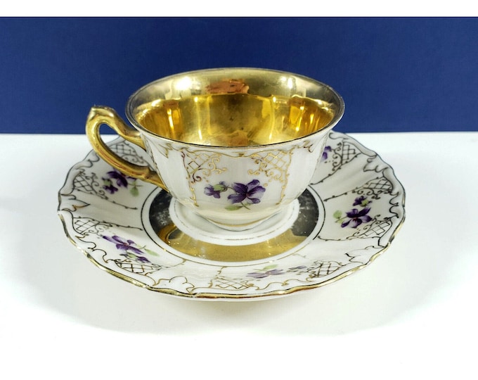 Vintage Winterling Bavaria Germany Gold Gilt Purple Floral Teacup & Saucer pm