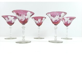 5 Vintage Bohemian Red Cranberry Ruby Engraved Cut Clear Coupe Champagne Glass