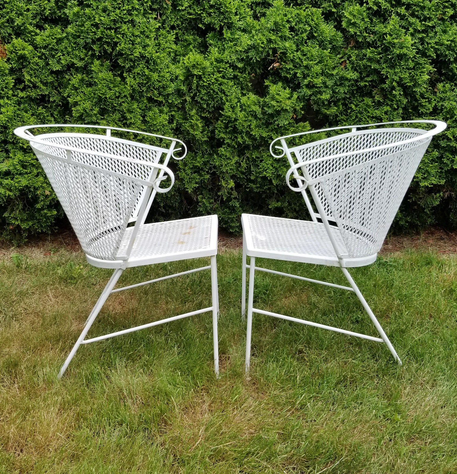 Pair of Vintage Woodard Barrel Back Mesh White Wrought Iron Patio
