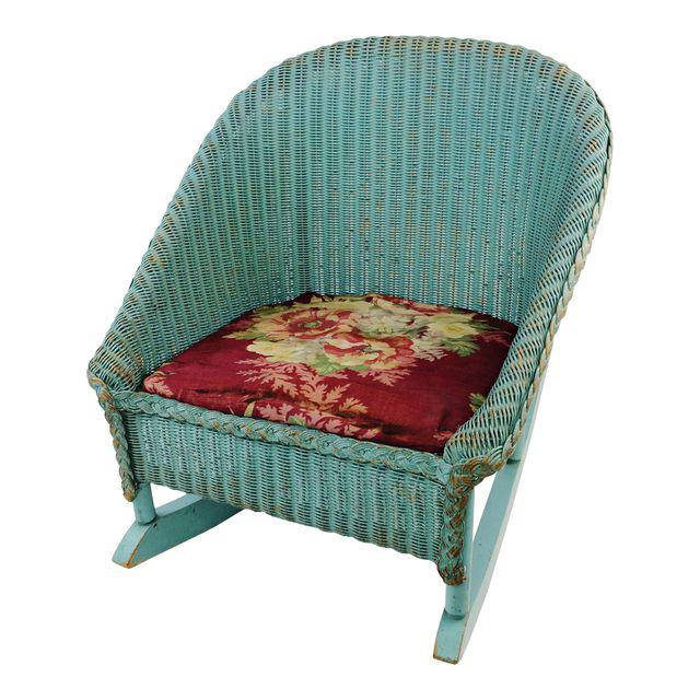 Antique Lloyd Loom of Michigan Child's Green Floral Wicker Rocking Chair a1
