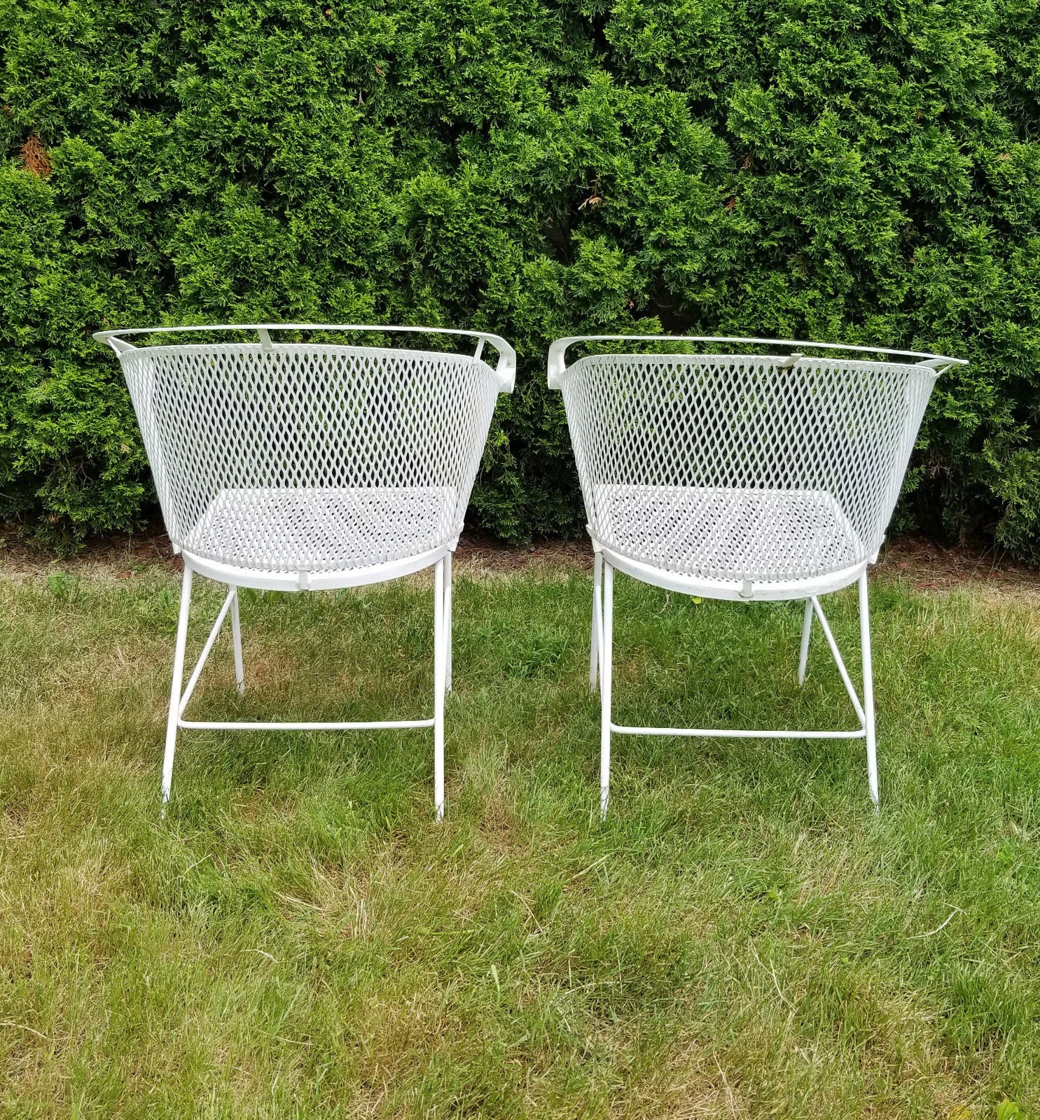 Pair Of Vintage Woodard Barrel Back Mesh White Wrought Iron Patio