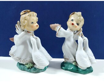 Vintage MCM Chase Japan Ceramic Spaghetti Trim Angel Figurines Feeding Geese