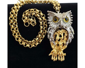Vintage Articulated Owl Big Yellow Eyed Gold Silver Tone Pendant Necklace