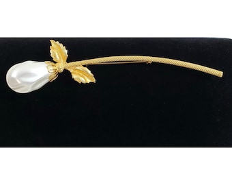 Vintage Gold Tone Long Stem Pearl Rose Flower Brooch Pin 6"