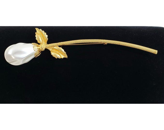 Vintage Gold Tone Long Stem Pearl Rose Flower Brooch Pin 6"