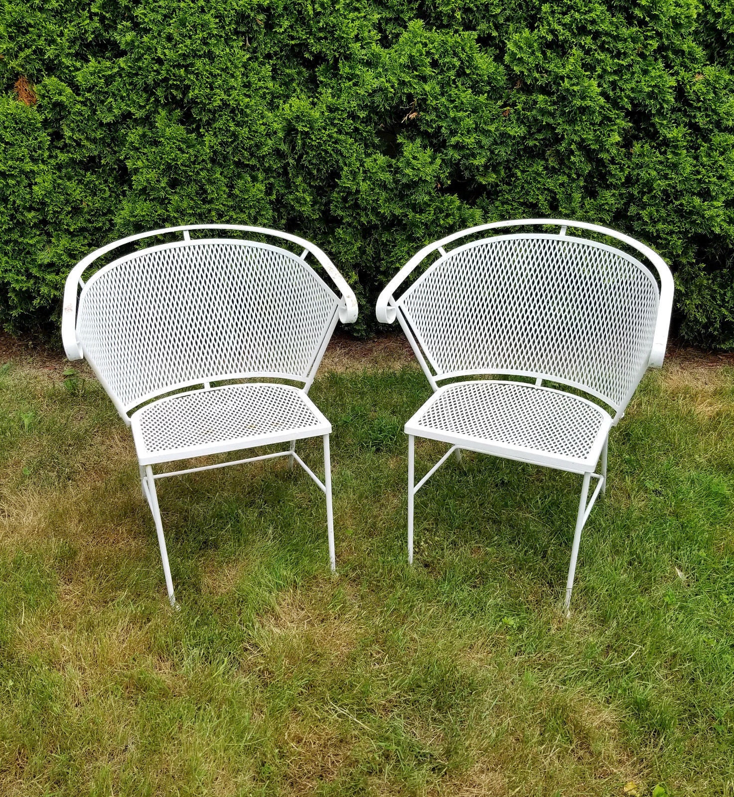 Pair Of Vintage Woodard Barrel Back Mesh White Wrought Iron Patio