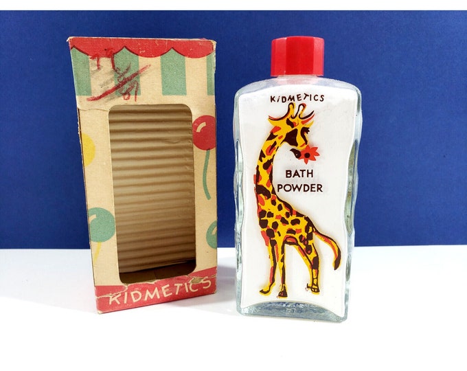 Vintage Kidmetics Bath Powder Glass Bottle Giraffe w Box Advertising Nursery a