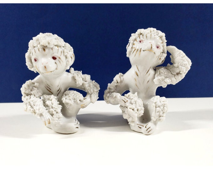2 Mid Century Vintage Japan Spaghetti Porcelain Monkey Animal Figurines a
