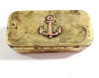 Vintage US Navy Trench Art Brass Snuff Box Tobacco Tin Ship Anchor on Lid