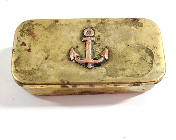 Vintage US Navy Trench Art Brass Snuff Box Tobacco Tin Ship Anchor on Lid
