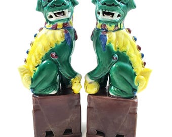 Vintage MCM Pair Chinese Sancai Porcelain Foo Dogs Glazed Guardian Lions Marked