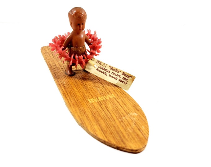 Vintage Hawaii Surfin Surfer Sam Celluloid Plastic KOA Wood Surfboard Souvenir