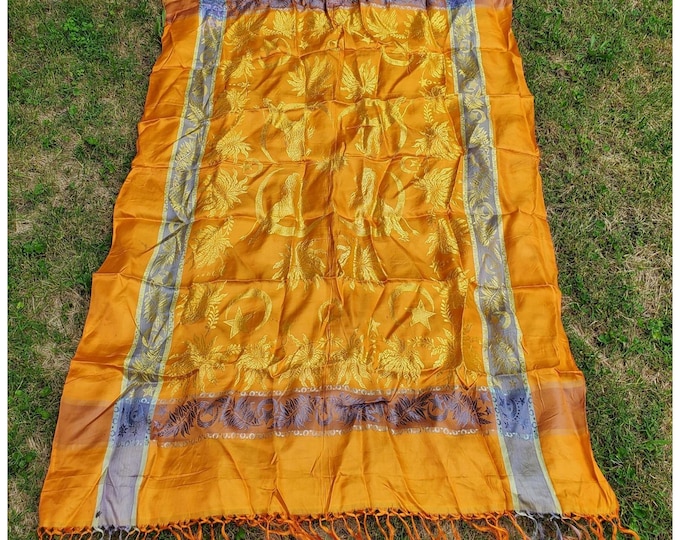 Vintage WWII Era Silk Satin Brocade Moon Leo Lion Piano Shawl Scarf Fringe 79x51