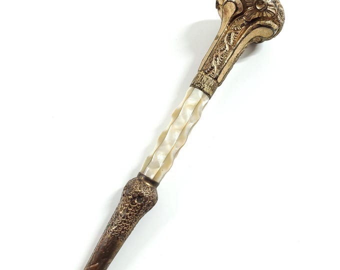 Antique Gold Filled Repousse Mother of Pearl Cane Walking Stick Umbrella Handle