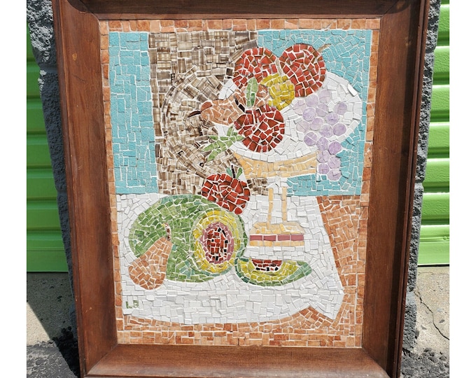 Mid Century Vintage Mosaic Tile Collage Still Life Fruit Bowl Framed Wall Art