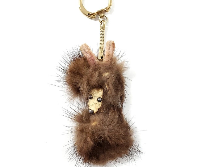 Vintage Real Fur Brown Poodle Dog Keychain Key Ring Fob