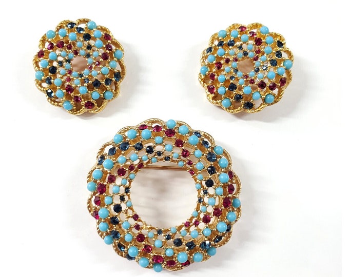 Vintage Sarah Coventry Songs of India Wreath Brooch Clip Earrings 3 Pc Set