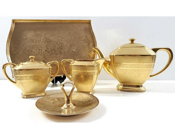 Antique Oremont Bavaria Pickard Porcelain Gold Gilt Tea Sugar Creamer Tray Set